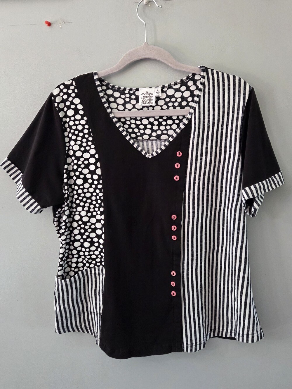Parsley & Sage Mixed Print Knit Top Pink Buttons POCKET Stripe Polka Dot Art L
